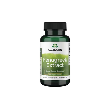 The Swanson Fenugreek Extract 500 mg, packaged with 90 capsules, is a green bottle labeled for
